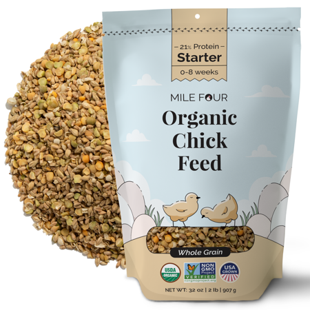 UPC: 0737488079555 | Mile Four | Starter Organic Chick Feed | 100% US Grown Grains  Certified Organic  Certified Non-GMO  Corn-Free  Soy-Free  Non-Medicated Chicken Food | 21% Protein | Whole Grain | 2 lbs.