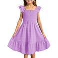thumbnail image 1 of XIMIN Robes Décontractées pour Filles, Robe Midi à Encolure Carrée Froncée avec Manches à Volants et Poches, Sans Manches, Fluide, Robe d'Été pour la Plage, les Vacances et le Quotidien (Violet, 13-14 Ans), 1 of 5
