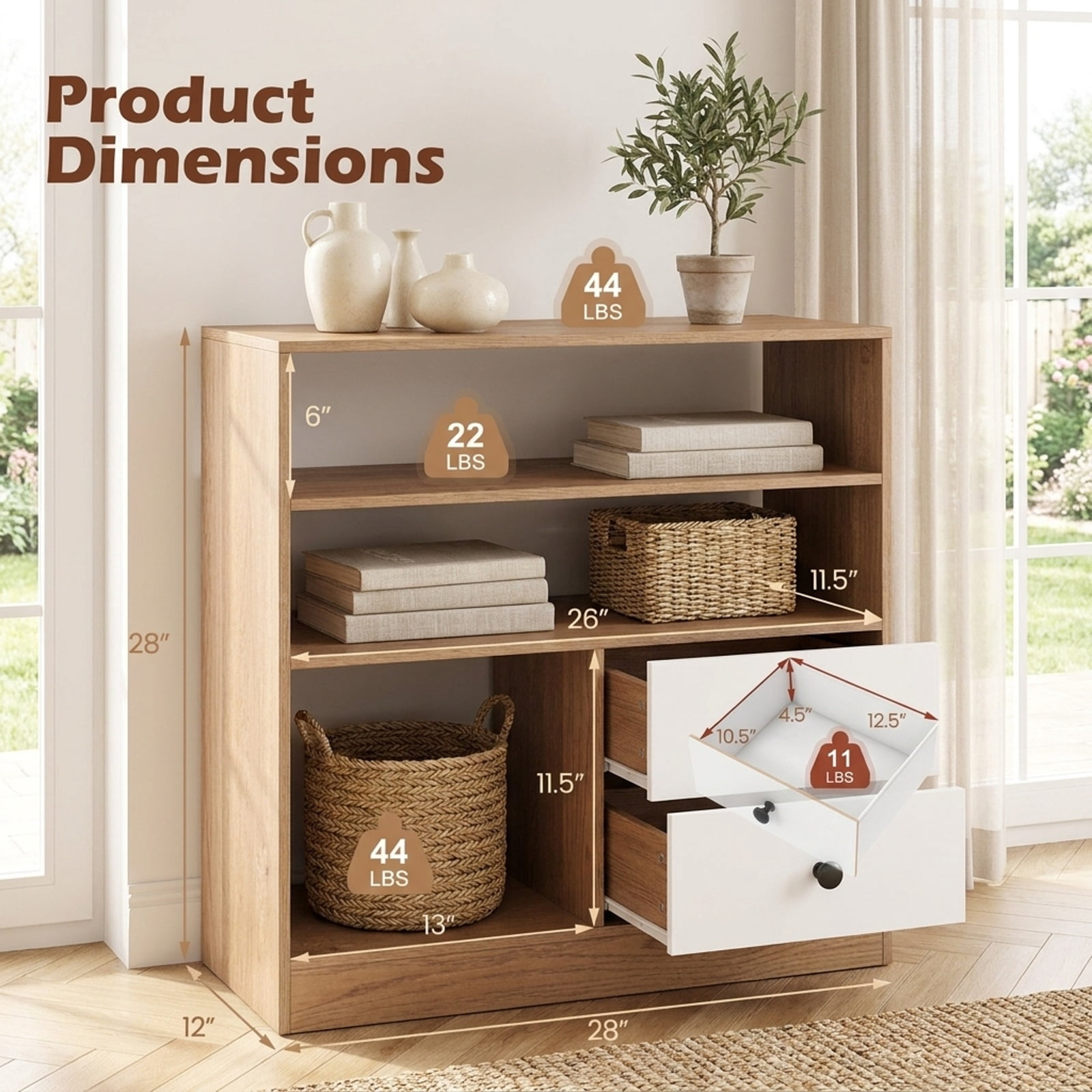 Furnibear Open Accent Cabinet with 2 Drawers 3 Compartments and Countertop Bookshelf Storage for Entryway Living Room and Bedroom, Natural