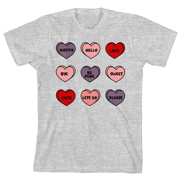 Valentine's Day Candy Hearts Crew Neck Short Sleeve Athletic Heather Youth T-shirt-Medium