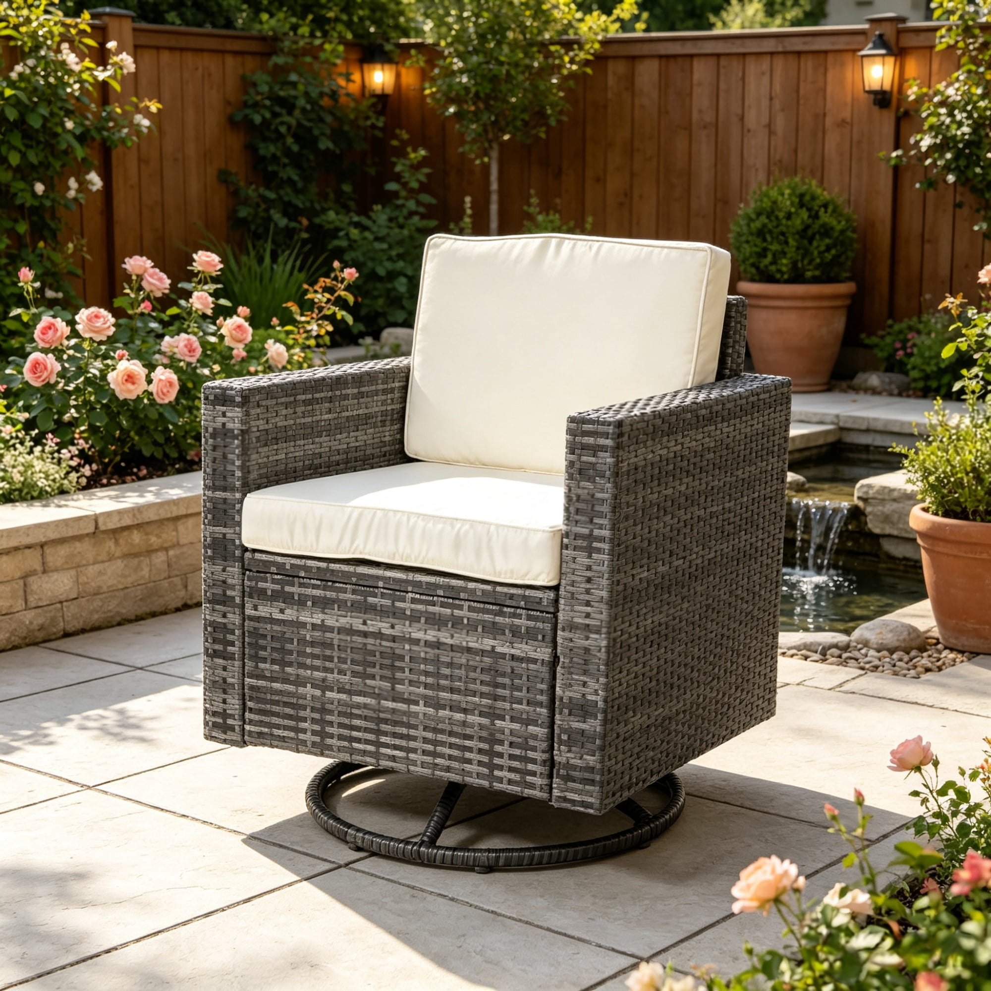 Outdoor Swivel Rocker, 360° Patio Glider Chair for Porch, Backyard, Deck, Cream White PE Wicker
