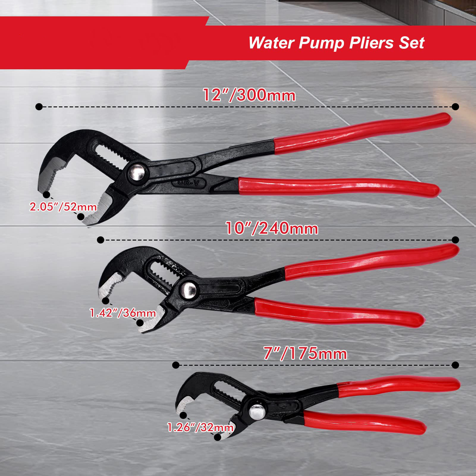 Heavy Duty Water Pump Pliers, Large Plumbing Tool, Groove Slip Joint Set, Push Button Quick Adjustable Pliers
