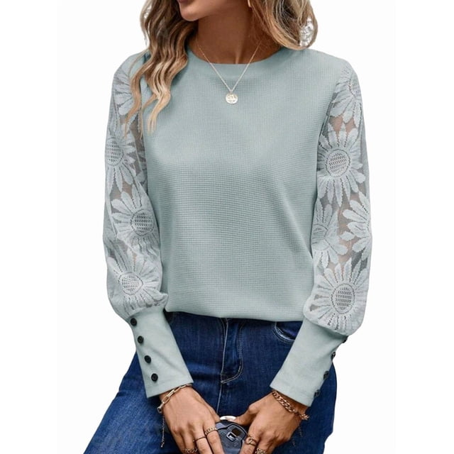 Top de Cuello Redondo con Encaje Bordado y Larga en Color Liso para Mujer Lago Azul M