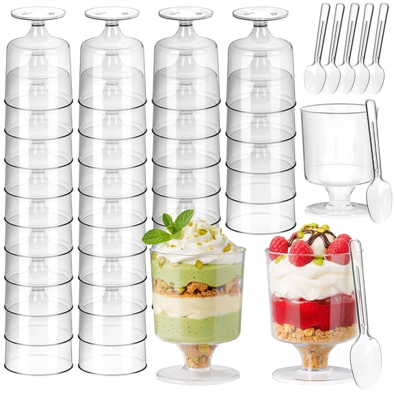 100 Pcs Plastic Dessert Cups with Spoons, 5 oz Clear Mini Parfait Cup for Party, Disposable Round Serving Golblet Wine Shot for Pudding, Fruit, Yogurt, Mousse,Ice Cream, Appetizer Bowl