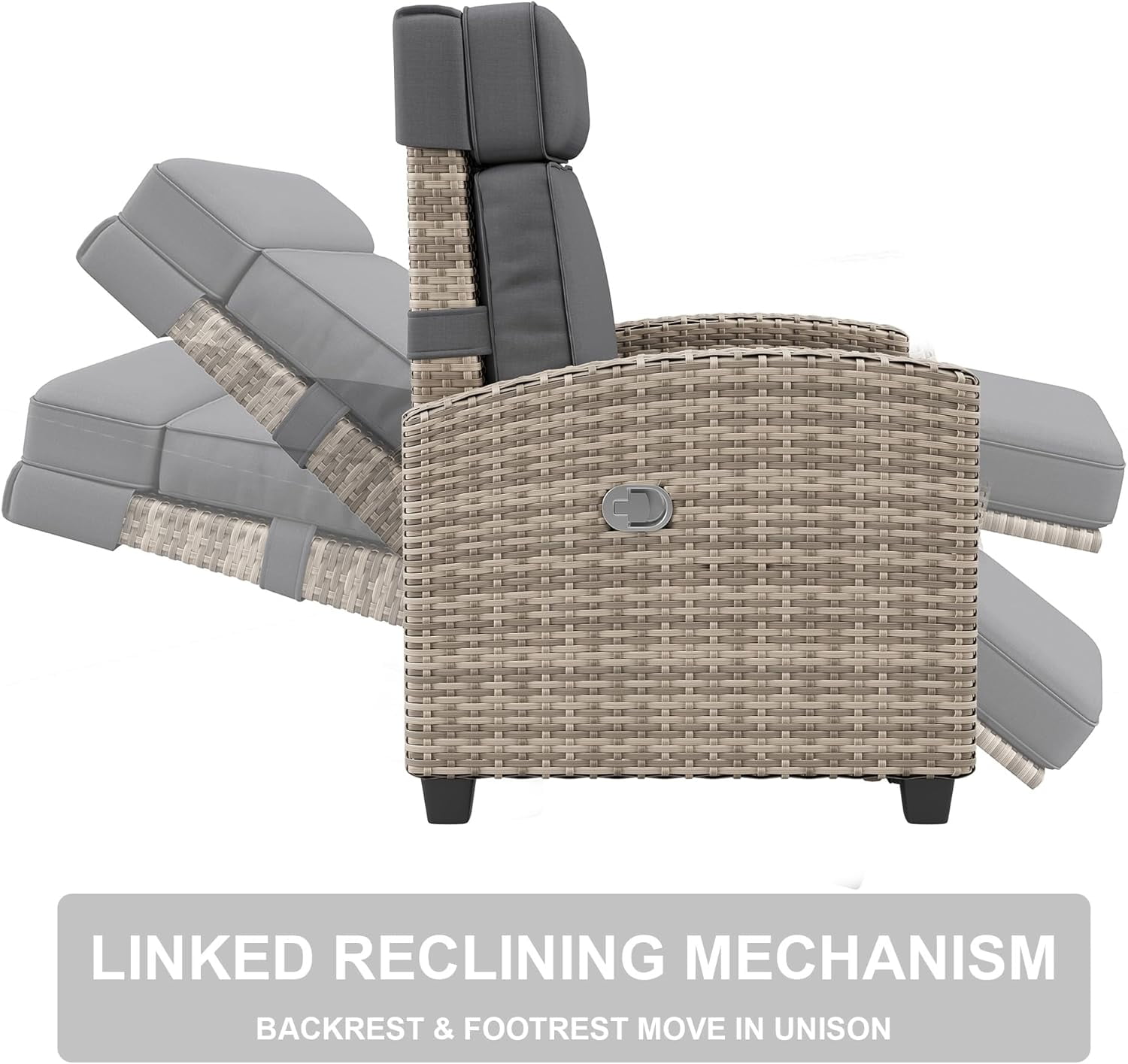 IdealHouse Reclining Patio Chair with Flip-Up Side Table - 150° Adjustable Backrest & Footrest, All-Weather Wicker Steel Frame, Olefin Cushions