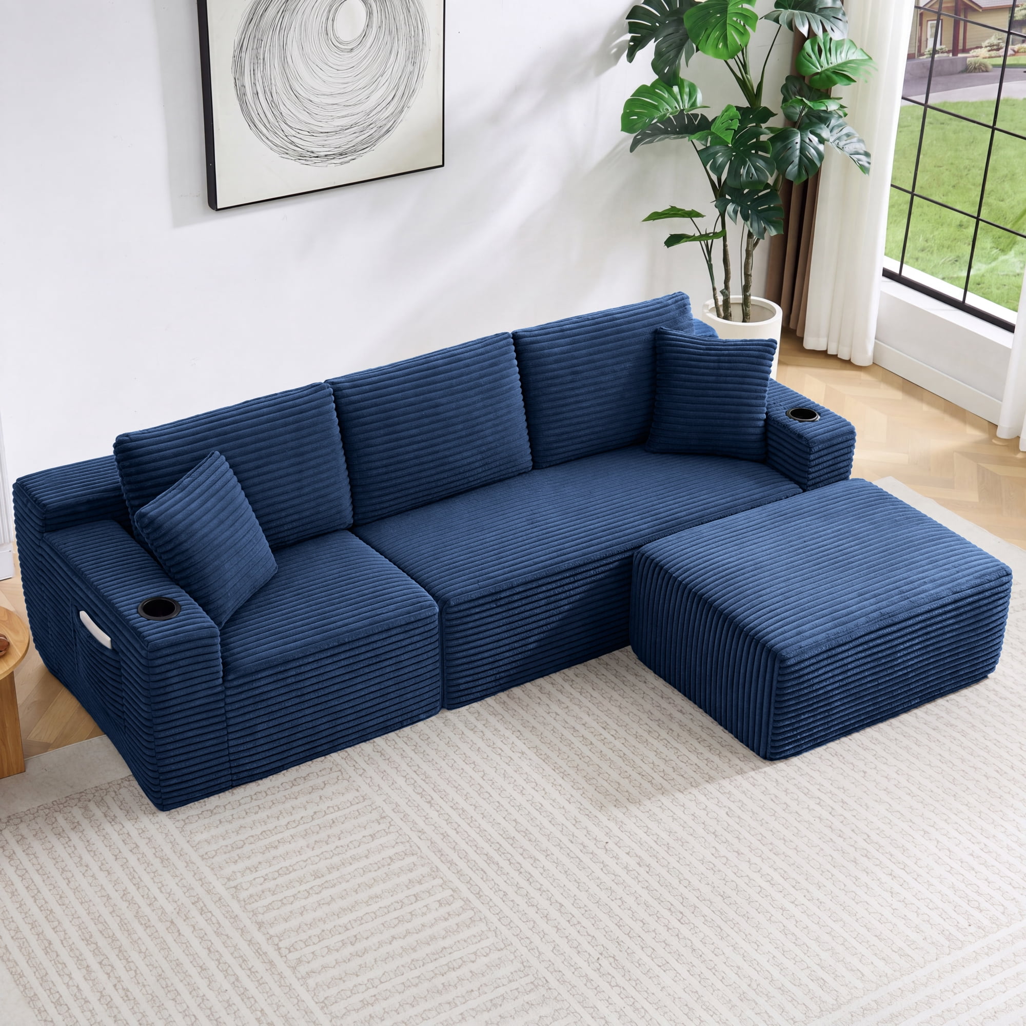 HOQBN L-Shaped Sectional Sofa with Ottoman, Corduroy 3-Seat Couch, Modern Modular Sofa for Living Room Blue