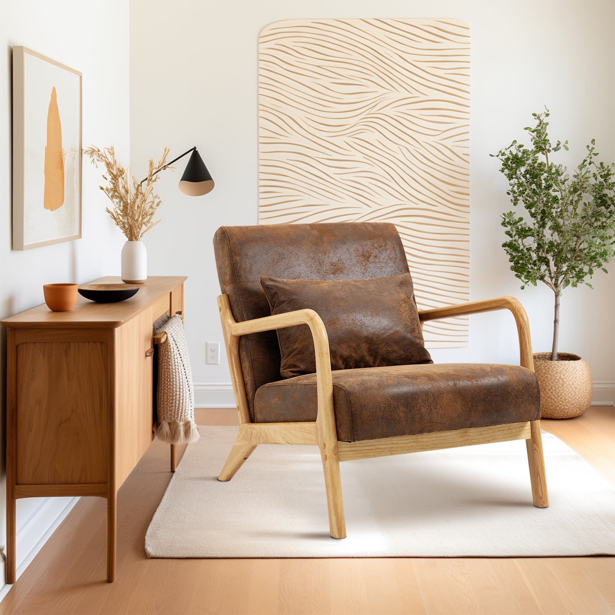Miniyam Mid Century Modern Accent Chair with Wood Frame, Upholstered Living Room Chairs with Waist Cushion, Reading Armchair,Brown