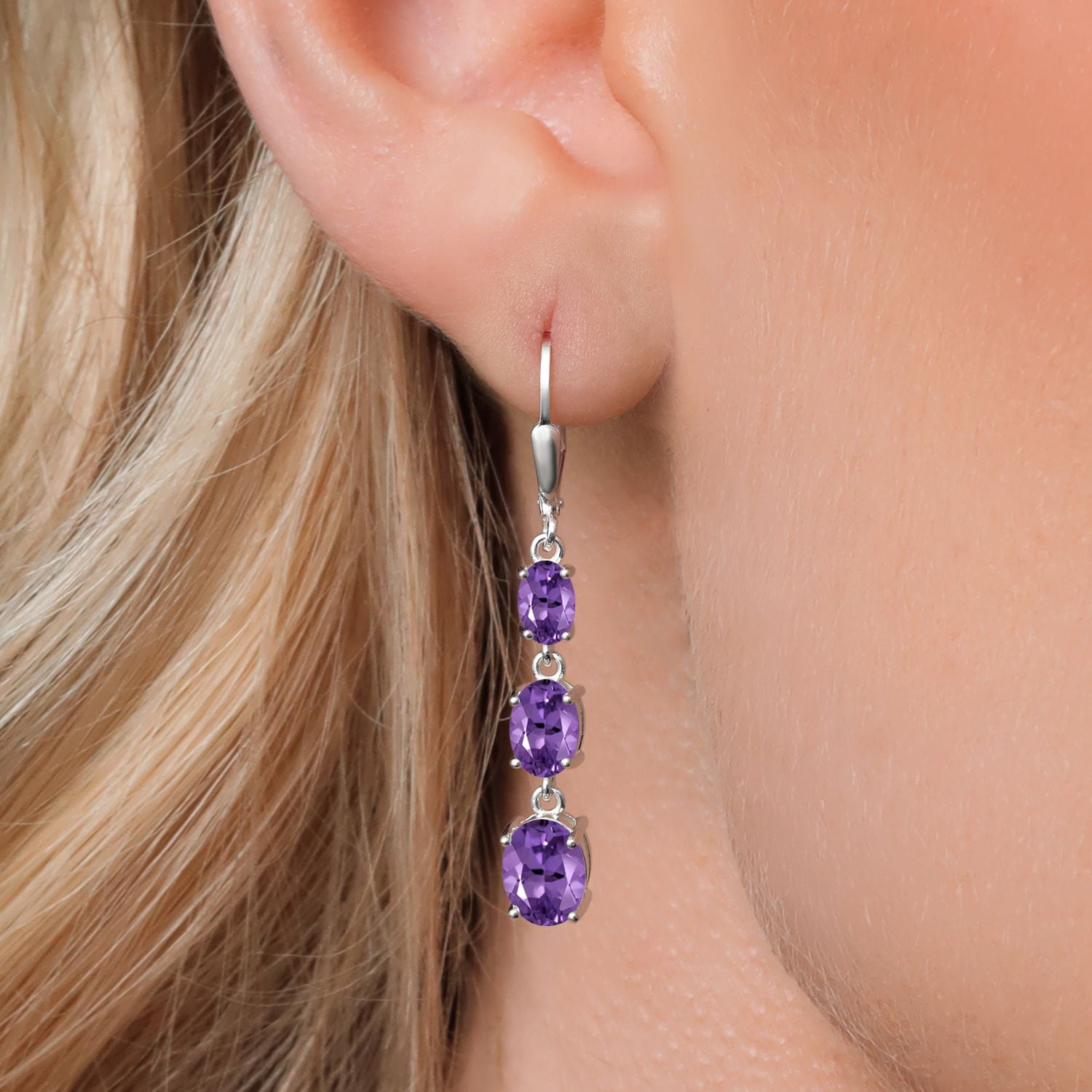 Gem Stone King 925 Sterling Silver Purple Amethyst 3 Stone Dangle Earrings for Women (4.70 Cttw, Gemstone February Birthstone, Oval 8X6MM, 7X5MM and 6X4MM)