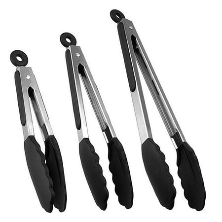 Set of 3 Silicone Barbeque Tongs Stainless Steel Kitchen Tongs, 7, 9, 12 in, BBQ Tongs with Tips and Locking Mechanism, BPA-Free Non-Toxic Dishwasher-Safe