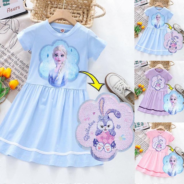Robe Réversible à Paillettes à Thème Cartoon Characters pour Filles, Manches Courtes, Été, Fête d'Anniversaire