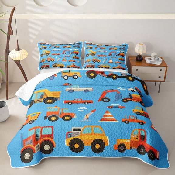 Castle Fairy Cartoon Construction Truck Twin Quilt Set,Cute Excavator Vehicle Twin Coverlet Set for Bedroom,Bright Blue