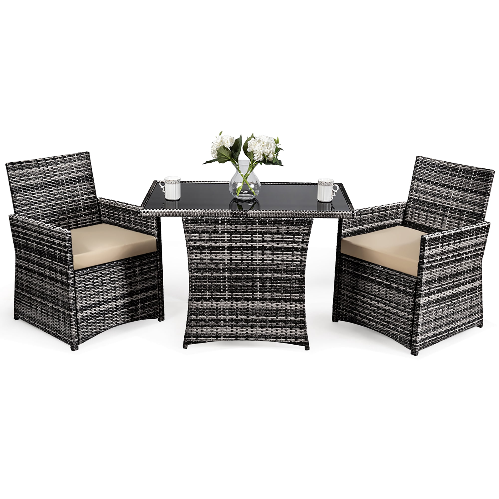 Costway 3PCS Outdoor Patio Rattan Wicker Furniture Set Armrest Sofa Cushion Mix Gary
