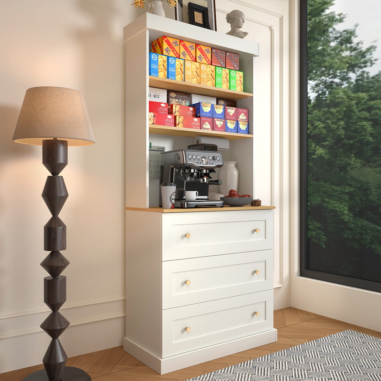 71"Kitchen Pantry Cabinet with Microwave Stand,3 Drawers and Adjustable Shelves,White