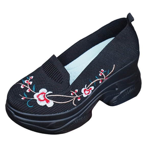 YLYL Womens Knit Loafers Wedge Platform Heel Breathable Mesh Flower Embroidered Slip on Walking Shoes