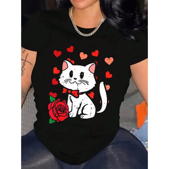 Cute Cat & Rose Graphic Valentine's Day Women Short Sleeve Casual T-Shirt