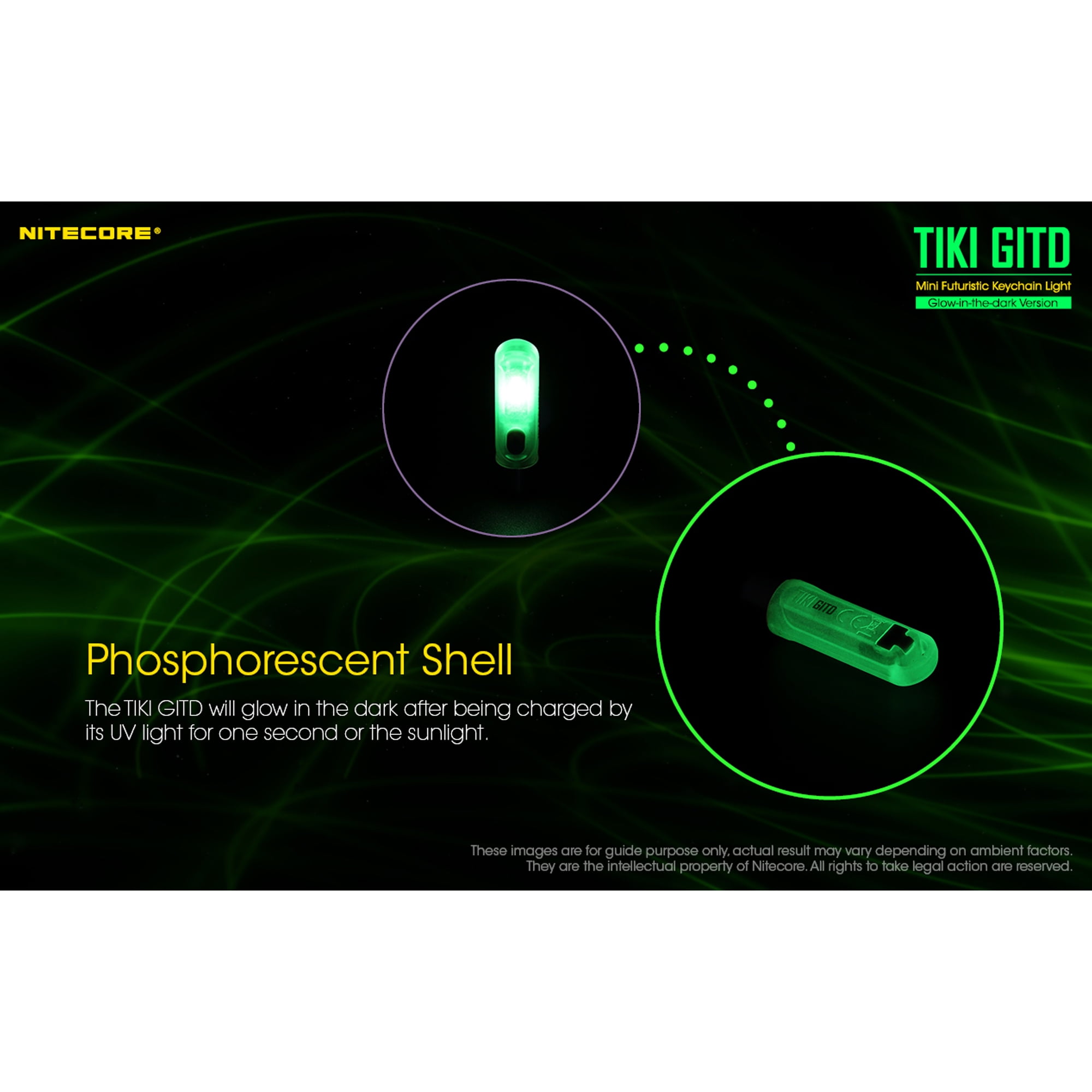 Nitecore TIKI GITD OSRAM P8 LED Rechargeable Keychain Flashlight, 300 Lumens, Green, 6952506406258