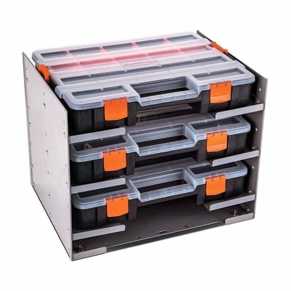 AA Products Inc P-SH-Tote Shelf Kit for Van Shelving Storage, 3 Plastic Storage Box w 1 Set Organizer Holder for Small Parts, Screws and Hardwares