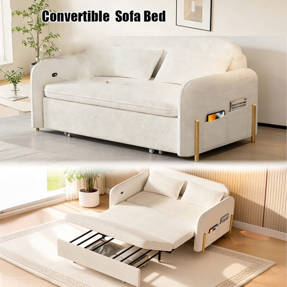 Xinwanna 3-in-1 Convertible Sleeper Sofa Couch with Pullout Bed, Loveseat Sleeper Sofa Bed with Hidden Side Table, 56" Full Size Folding Futon Couch for Living Room Guest Room Apartment Home Office