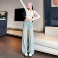 thumbnail image 6 of Women Light Wash Cotton Jeans, Floral Embroidered High Waist Straight Wide Leg Pants for Summer, 6 of 6
