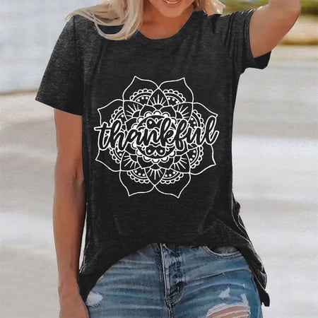 Womens Tops Print Casual Loose Fit Blouses Crew Neck Short Sleeve Women T Shirt Black L