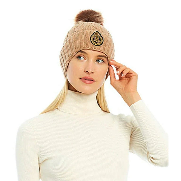 Ralph Lauren Women's Cable-Knit Crest-Patch Pom-Pom Hat, Classic Camel