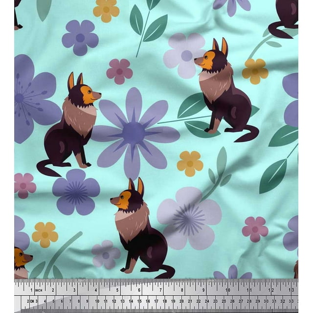Soimoi Poly Georgette Fabric Leaves,Floral & Wolf Cartoon Print Fabric by Yard 42 Inch Wide