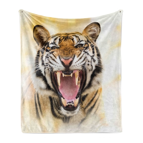 Tiger Soft Flannel Fleece Blanket, Young Panthera Tigris Altaica Growling in Angry Manner Portrait of a Young Large Cat, Cozy Plush for Indoor and Outdoor Use, 50" x 60", Multicolor, by Ambesonne