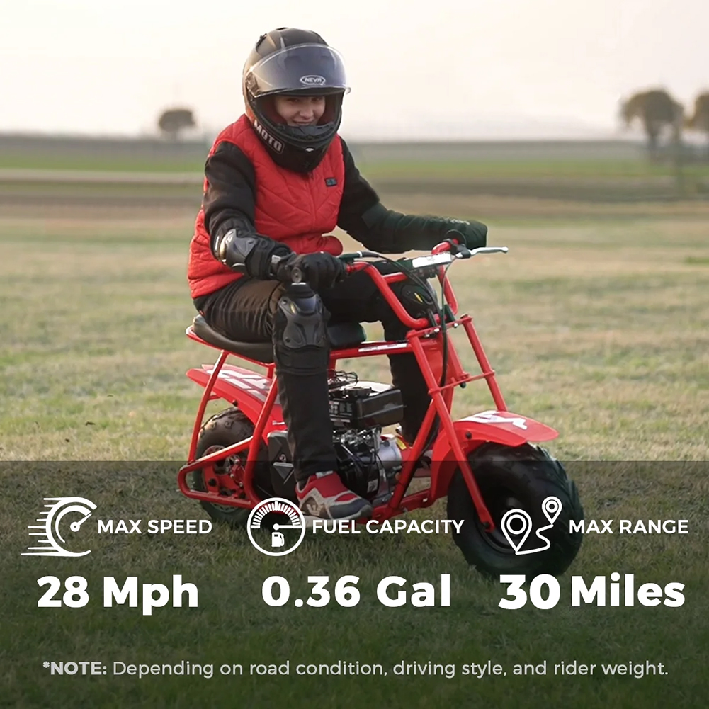 FRP GMB100 99cc Gas Powered Mini Dirt Bike with Training Wheels, 28MPH Off-Road Motorcycle for Teens and Adults, Up to 220 LBS, Enhanced Stability - Red