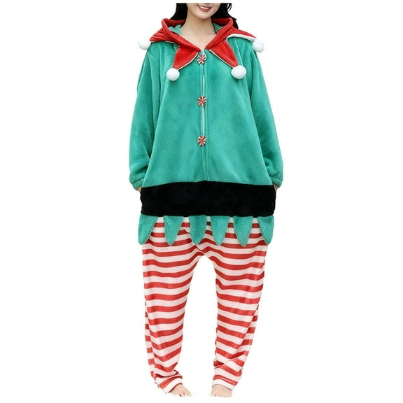 successthop Christmas Jumpsuit for Women Goblin Hooded with Cute Ear Flannel Loungewear Cozzy Long Pant Sleepwear