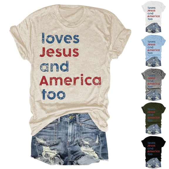 Xmyrz 4Th Of July Shirt For Women Loves Jesus & America Too Tshirts Round Neck Short Sleeve Christian Shirts Patriotic Tees