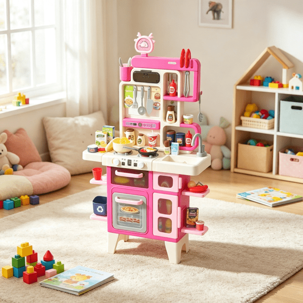 104 Piece Pretend Play Kitchen Set, Realistic Lights & Sounds, Toy Kitchen Accessories for Boys & Girls, Pink