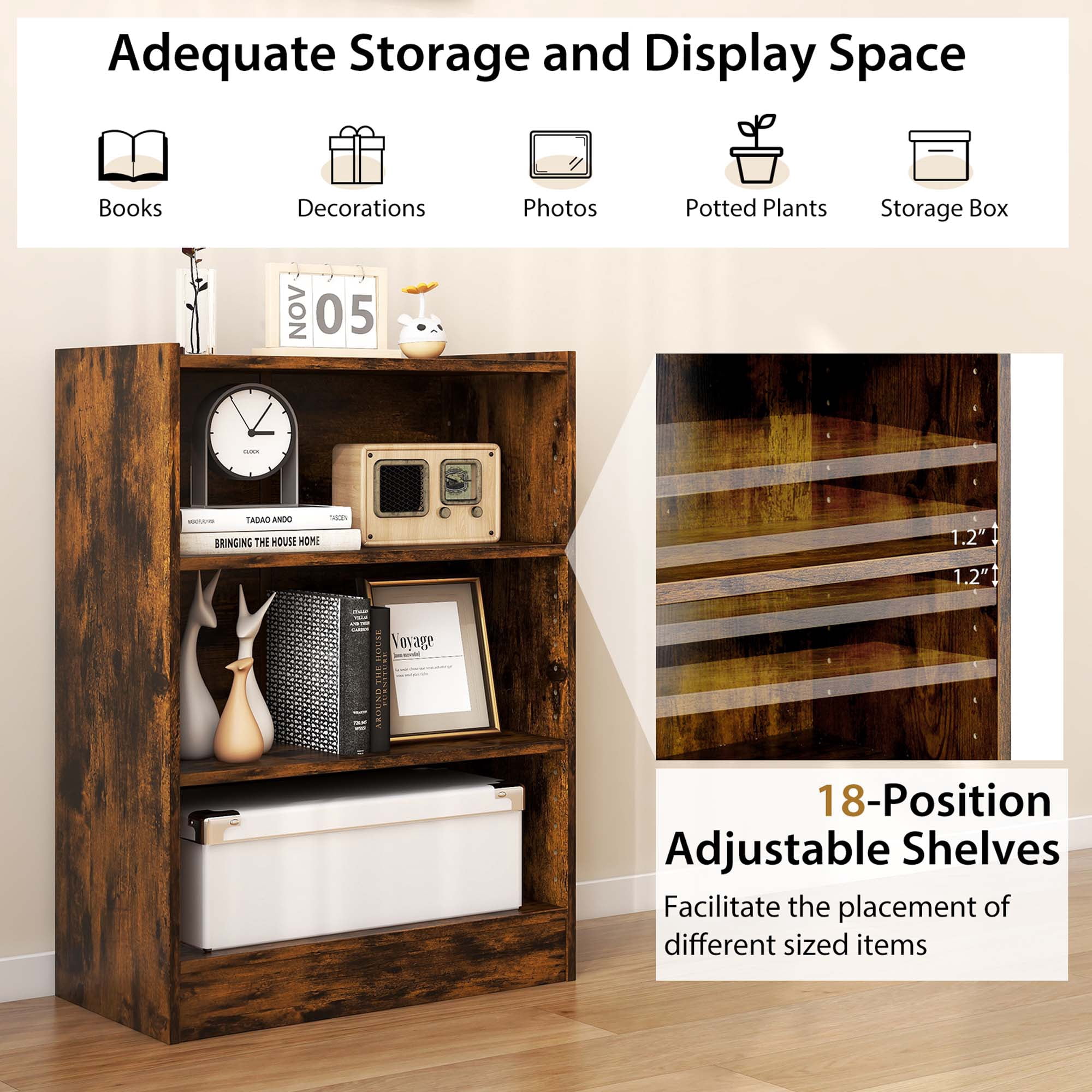 Costway 3-Tier Bookcase Open Multipurpose Display Rack Cabinet with Adjustable Shelves