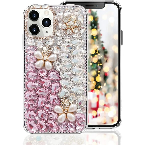 for iPhone 11 Pro Bling Diamond Case for Women Cute 3D Flower Rhinestone Crystal Shiny Sparkle Handmade Gemstone Protective Cover Luxury Fashion Glitter Case for iPhone 11 Pro 5.8 inch Pink