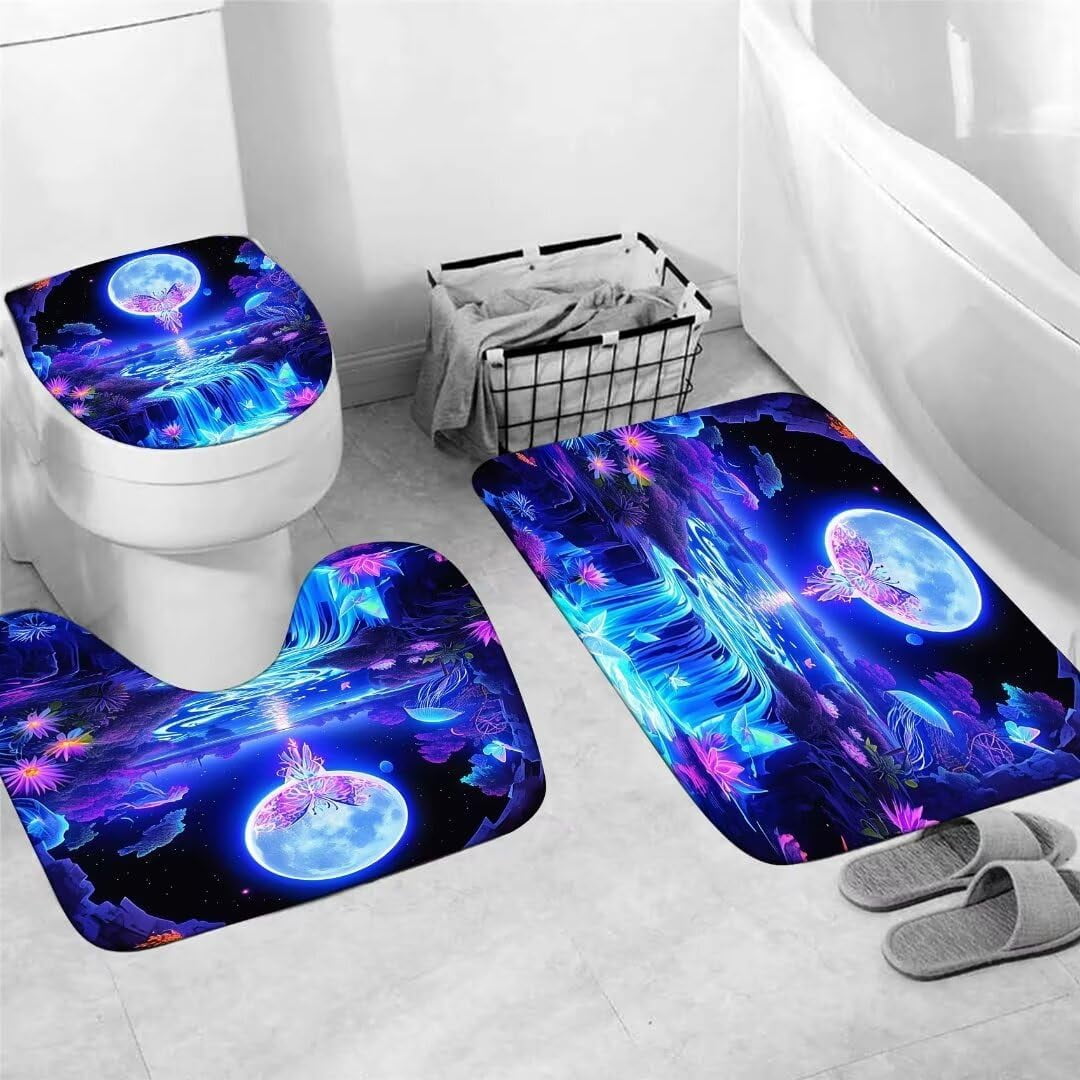 4PCS Mushroom Bathroom Shower Curtain Set with Rugs, Toilet Lid Cover and Bath Mat, Moon and Stars with 12 Hooks, Durable Bathroom Decor Set 701.9x70.9in