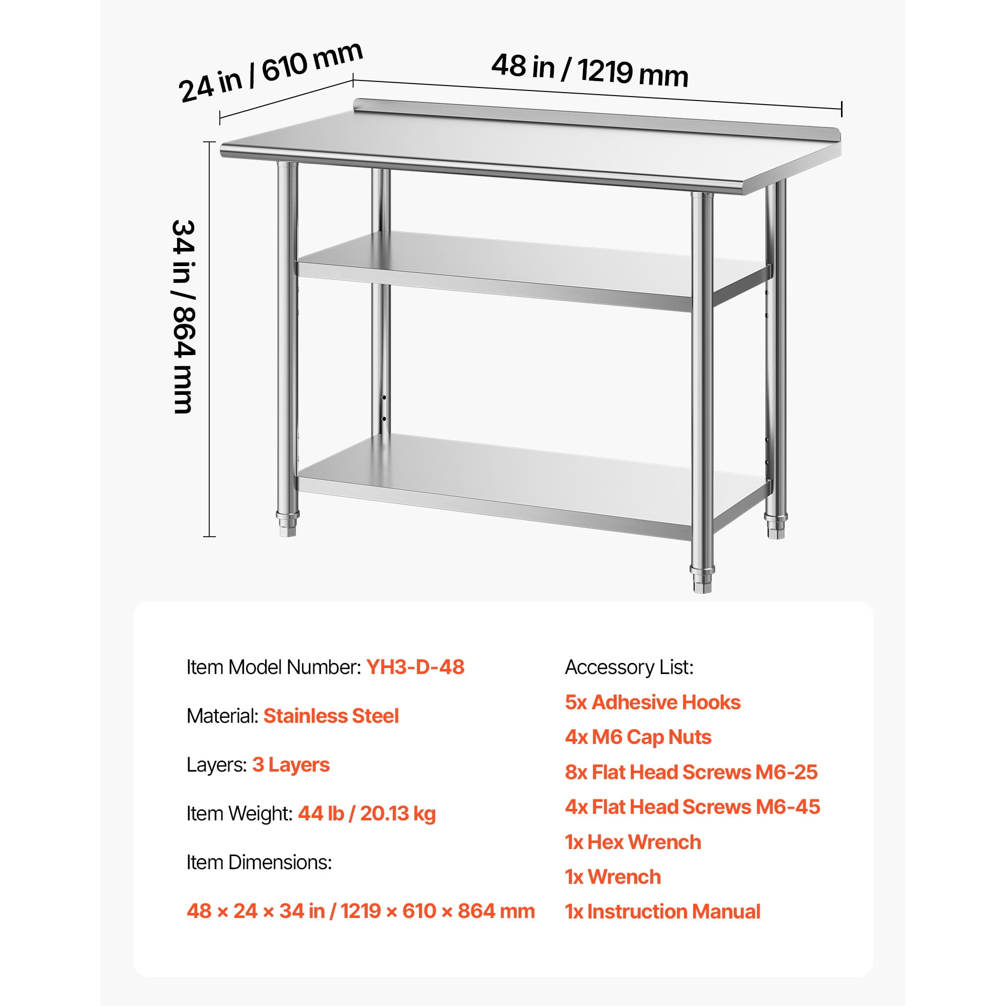 KFFKFF Stainless Steel Work Table, 24x48 Inch Food Prep Station with Dual Shelves and Backsplash, Durable Metal Utility Table for Commercial Kitchens, Home, Hotels, Garages, and Outdoor Use