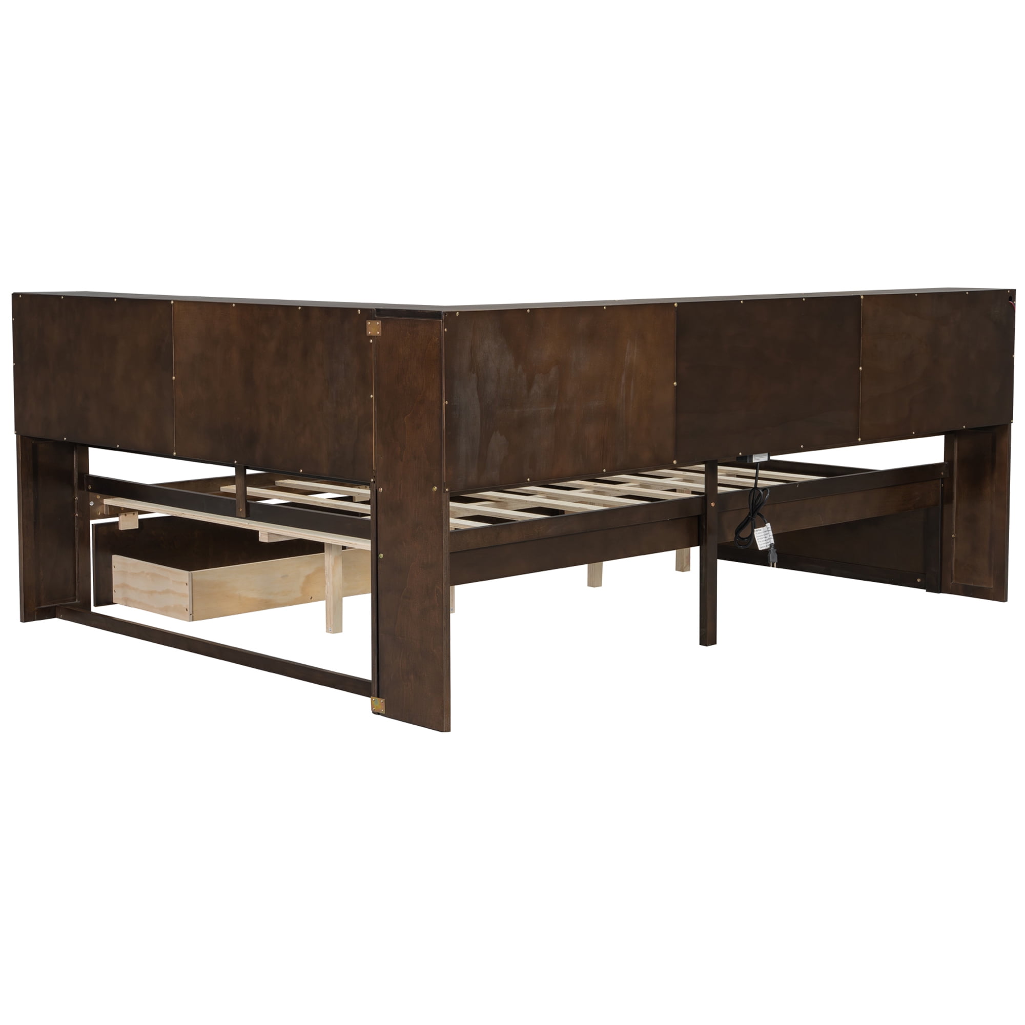 Euroco Wood Queen Size Daybed with Storage Shelves and Drawers, USB Ports and LED Light, Brown