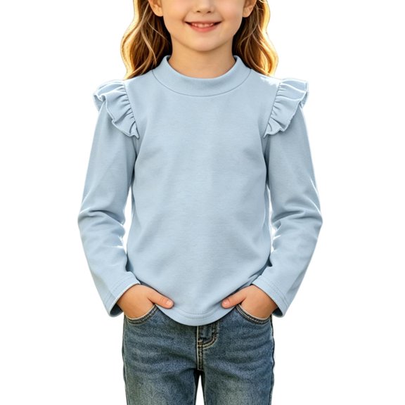 WDWYY Little Girls Cotton Long Sleeve Top Loose Fit Casual Crew Neck Ruffle Shoulder Soft T Shirt Light Blue 4-5 Years