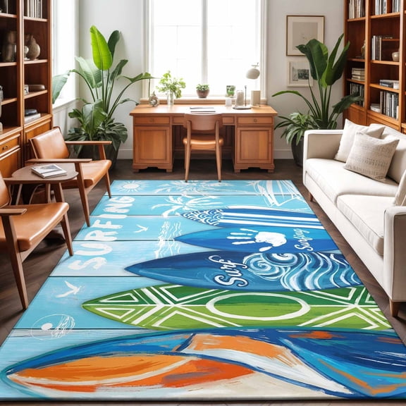 Large Area Rugs 6'x9', Blue Surfboard Carpet Runner Indoor Outdoor Rugs Home Decor Aesthetic, Summer Beach Tropical Coconut Tree Wooden Non Slip Mats Washable Accent Rug for Living Room Bedroom