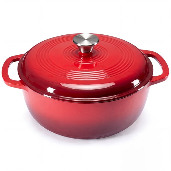 edx 6 Quart Enameled Cast Iron Dutch Oven with Lid, Heavy Duty Family Cooking Pot, Smooth Enamel Interior, 400°F Oven Safe, for Bread Baking, Braising, Stews, Roasting, Red