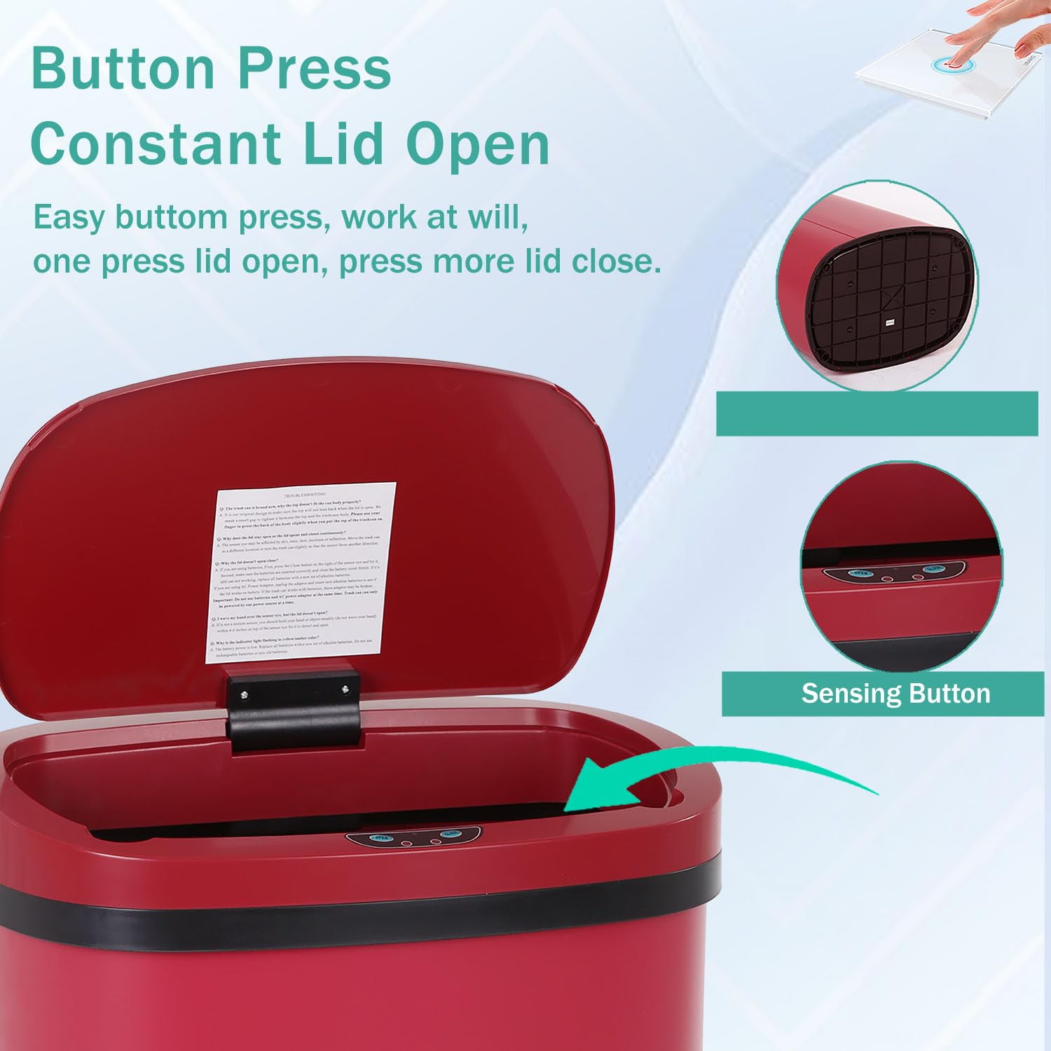 13-Gallon Kitchen Trash Can Red Stainless Steel Garbage Can Automatic Touch Free Garbage Bin Motion Sensor Trash Can with Lid Metal Waste Bin for Living Room, Kitchen, Bathroom, Office