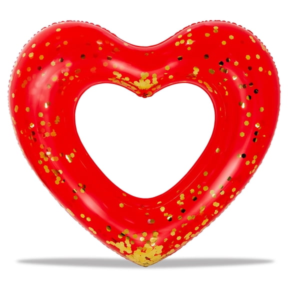 POZA Red Gold Inflatable Heart Pool Float - Sparkly Confetti-Filled Heart Shaped Pool Tube, Inflatable Lounger for Beach or Lake, Fun Swimming Float for Kids and Adults - 48 Inches