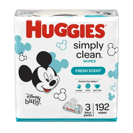 HUGGIES Simply Clean Fresh Scented Baby Wipes, Soft Pack (3-Pack, 192 Sheets Total), Alcohol-free, Hypoallergenic (Packaging May Vary)