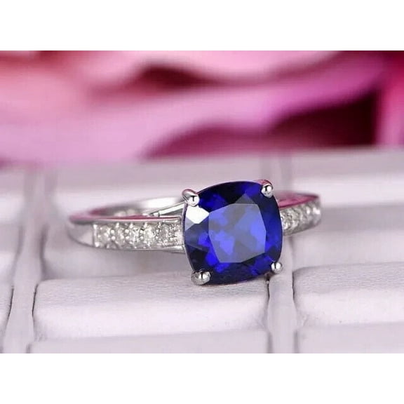 1.30Ct Cushion Cut Lab created Blue Sapphire Engagement Ring 14K White Gold Plated Sterling Silver