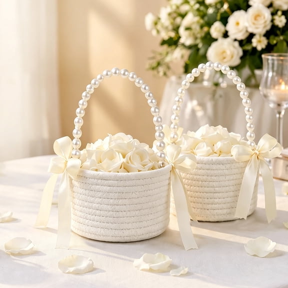 2 Pcs Flower Girl Basket with pearl handles & Satin Bow Soft Yet Sturdy Build for Rustic Weddings Easter Basket or Garden Storage
