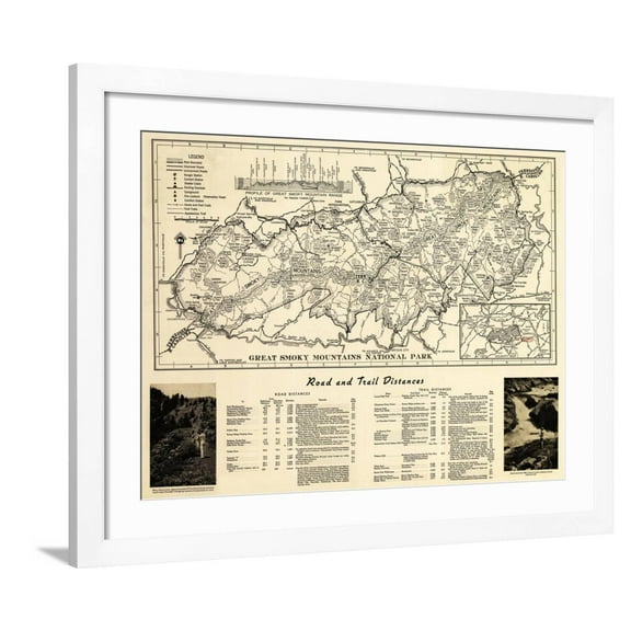 Art.com Great Smoky Mountains National Park - Panoramic Map Art Print by Lantern Press, White Frame Wall Art, 40" x 32"