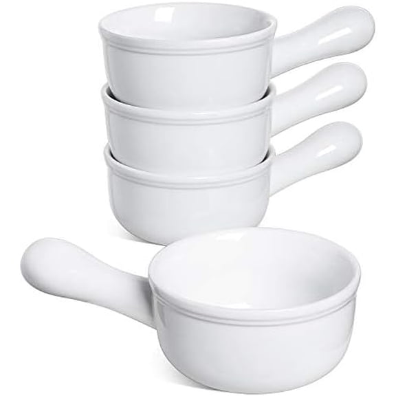 Soup Bowls with Handle, 15 Oz Ceramic French Onion Soup Bowls, Large Soup Crocks Oven Safe for Stew, Onion, Soup, Chilli, Set of 4, White
