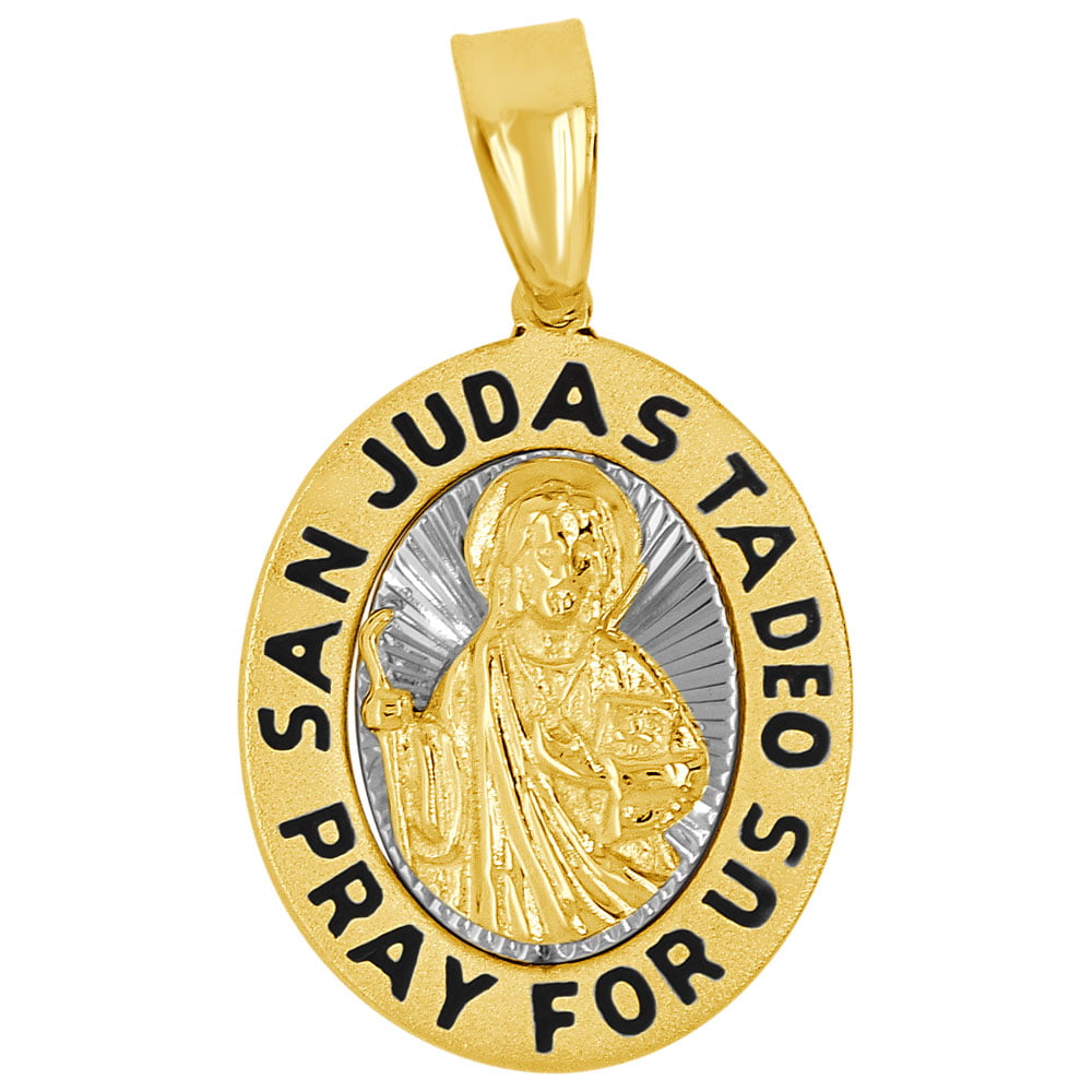 San Judas Tadeo Medal 14K Yellow Gold St Jude Picture Charm Religious Pendant 