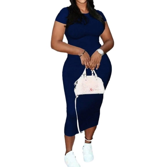 AURA Plus Size High Waist Bodycon Midi Dress Blue Short Sleeve Knit Pullover 1XL 3XL