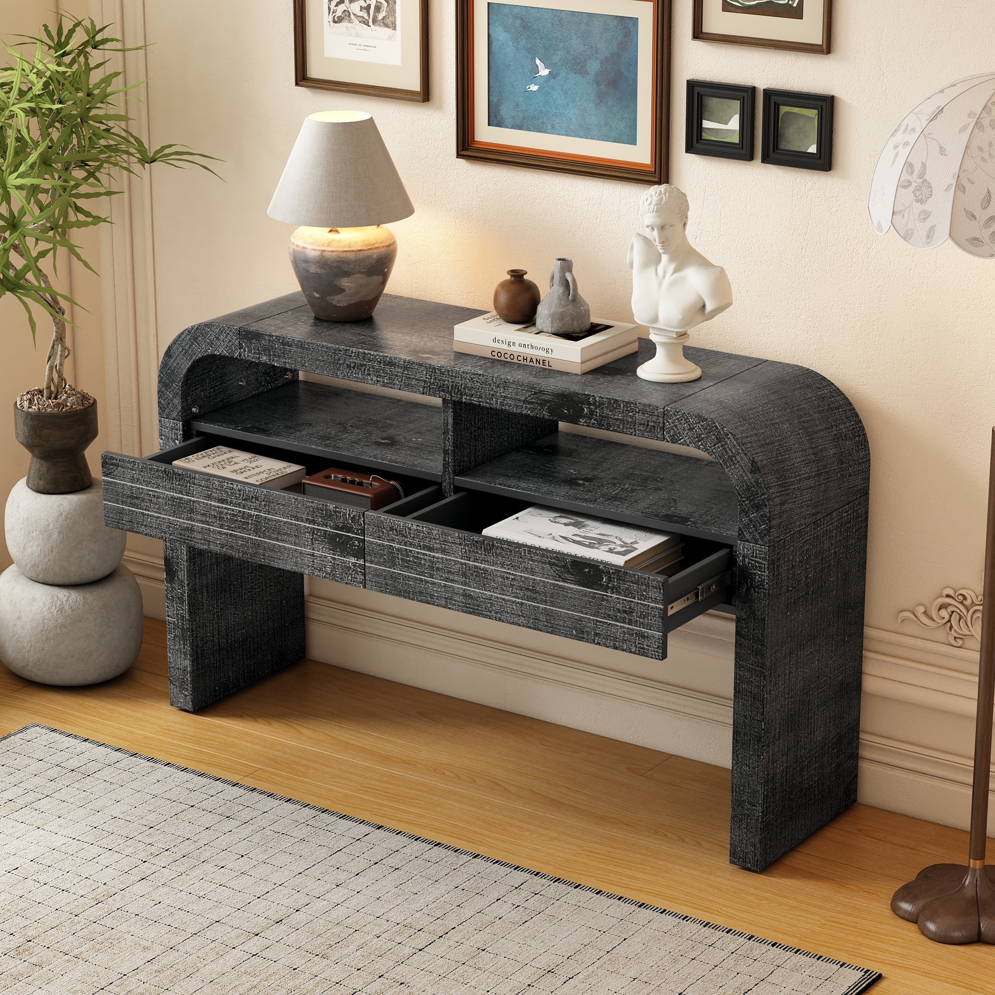 EUROCO 52" Curved Console Table,Retro Narrow Entryway Table Sofa Table with 2 Large Drawers and Open Storage Shelf for Living Room Entrance Hallway,Antique Black