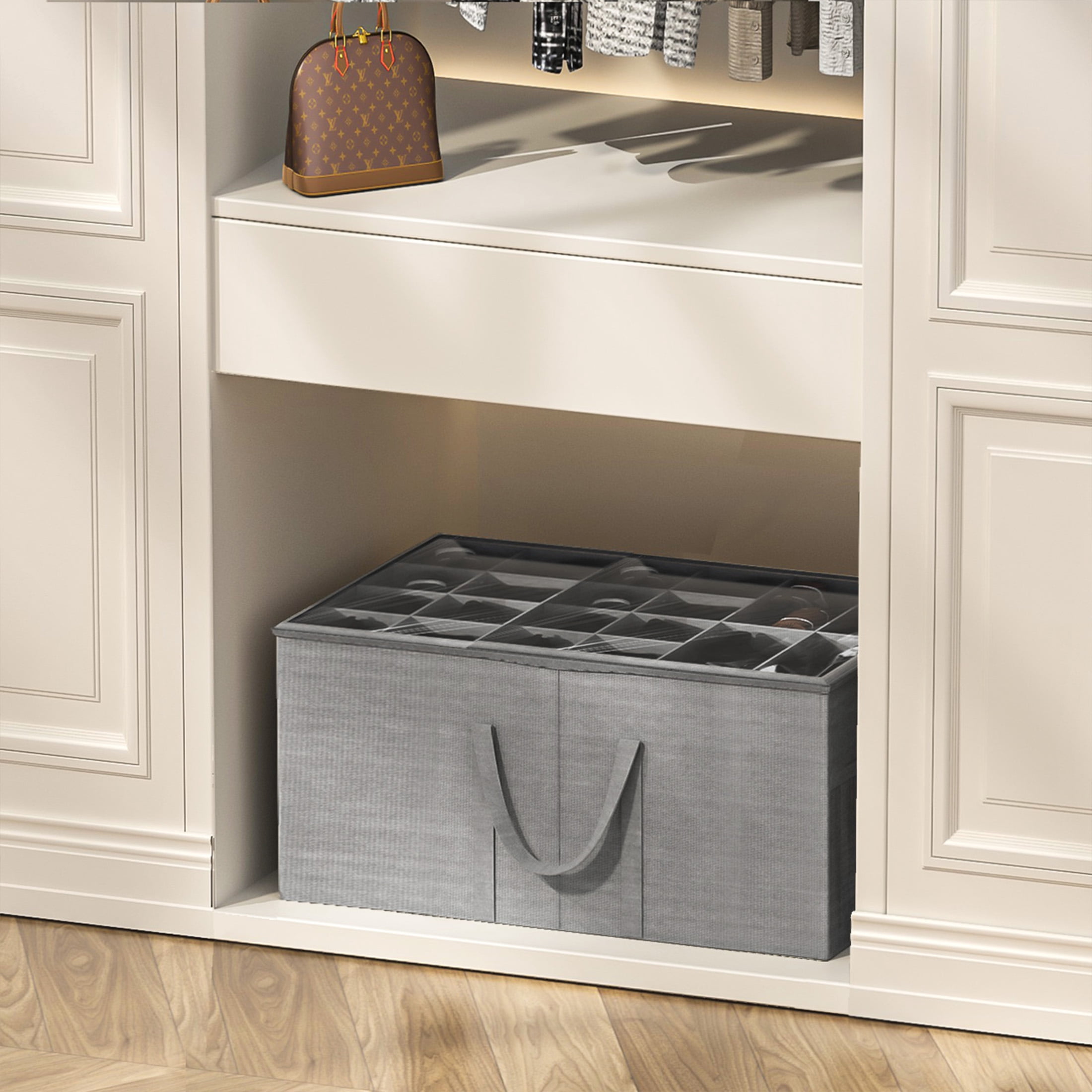 Aokeyee Shoe Storage Closet, Large Shoe Box Space Saving Foldable with Clear Cover, Fits 20-24 Pairs, Grey